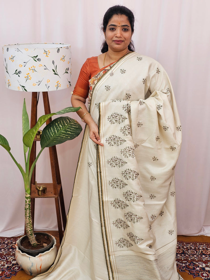 Chanderi Silk with Premium Emboridery Saree - Cream with Green