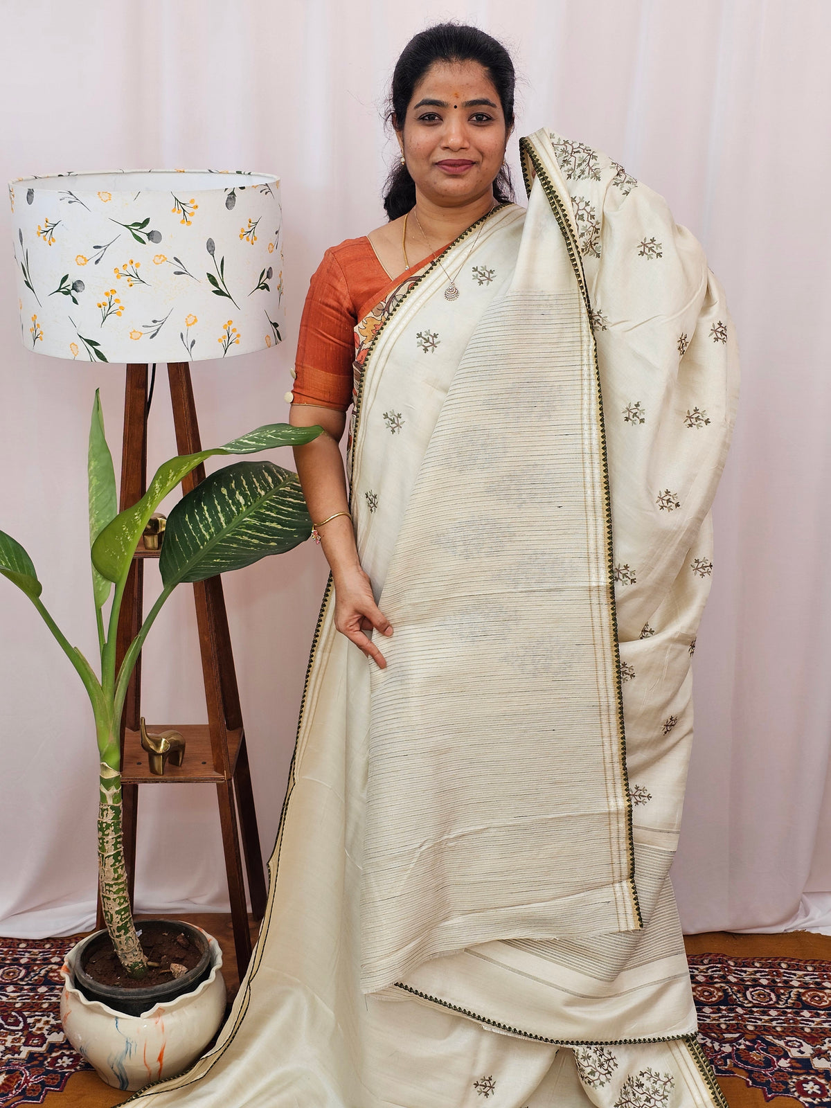 Chanderi Silk with Premium Emboridery Saree - Cream with Green