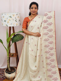 Chanderi Silk with Premium Emboridery Saree - Cream with Pink
