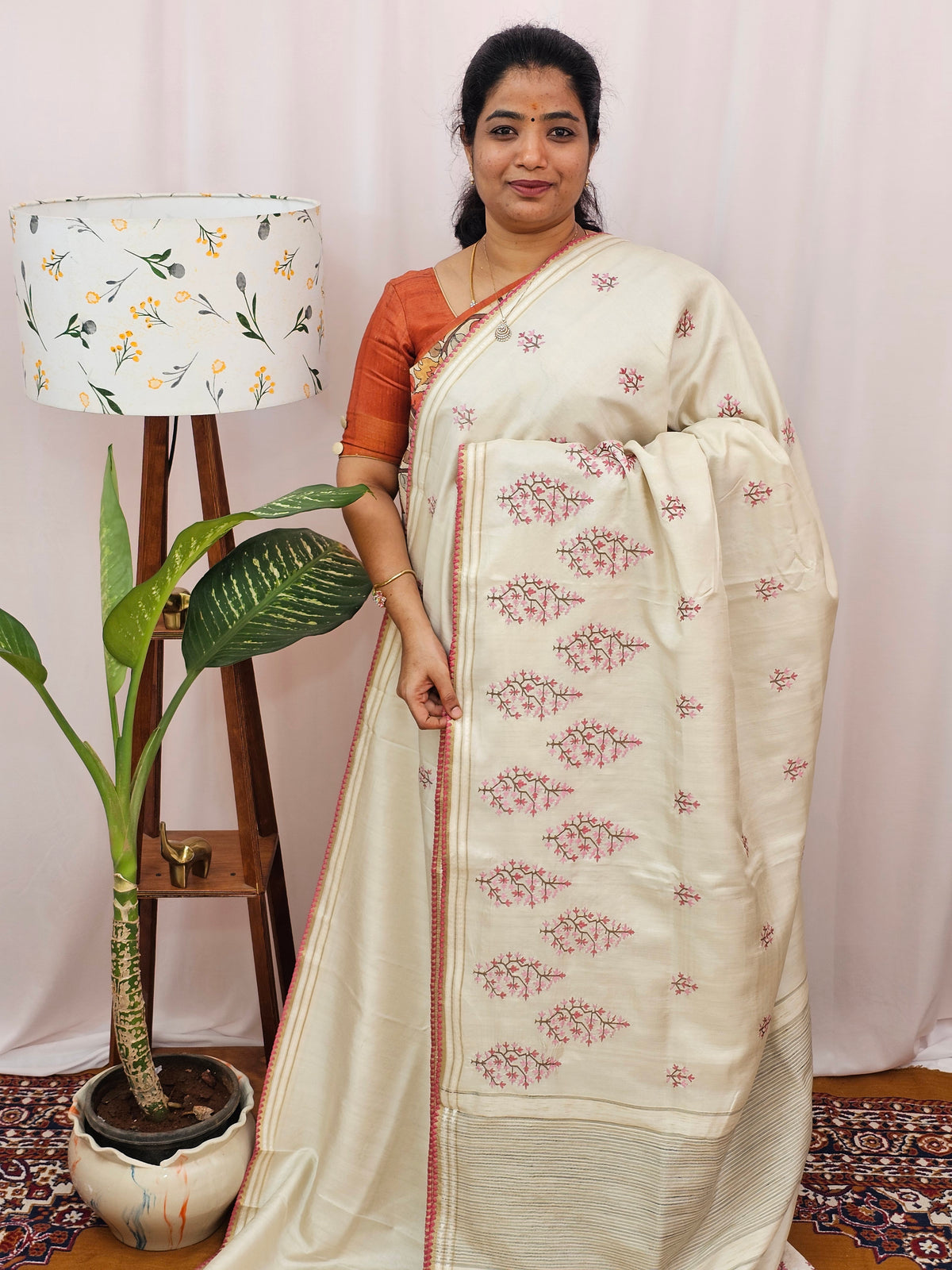 Chanderi Silk with Premium Emboridery Saree - Cream with Pink