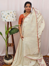 Chanderi Silk with Premium Emboridery Saree - Cream with Pink