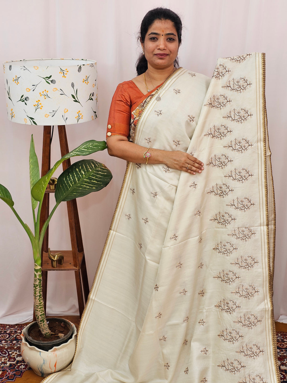 Chanderi Silk with Premium Emboridery Saree - Cream with Grey