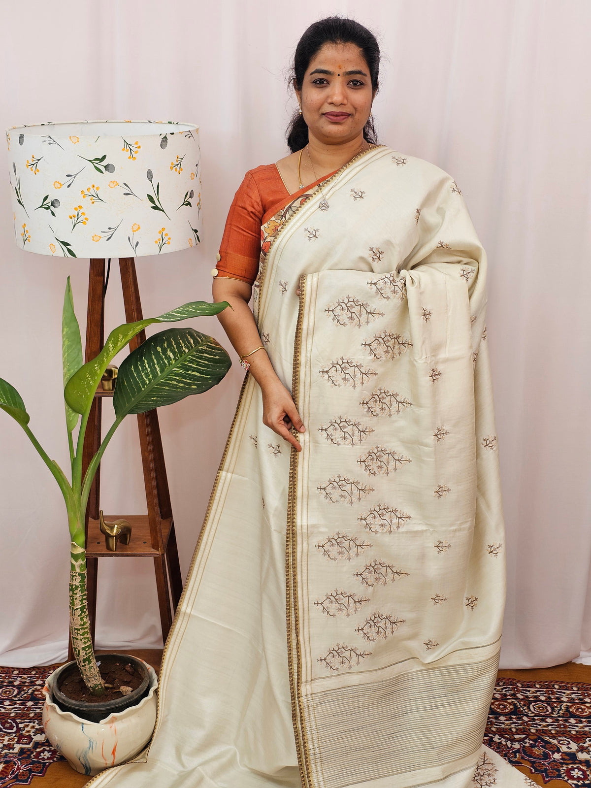 Chanderi Silk with Premium Emboridery Saree - Cream with Grey