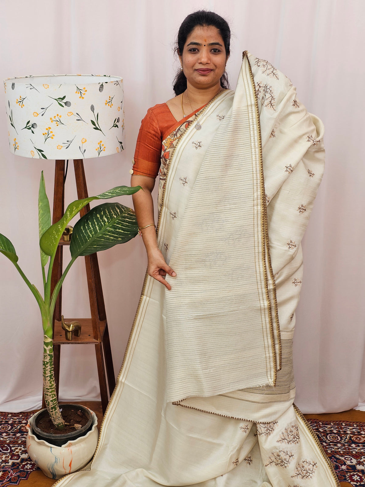 Chanderi Silk with Premium Emboridery Saree - Cream with Grey