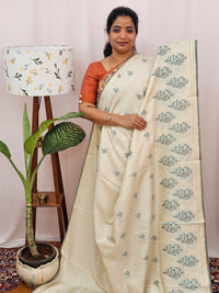 Chanderi Silk with Premium Saree - Cream with Blue