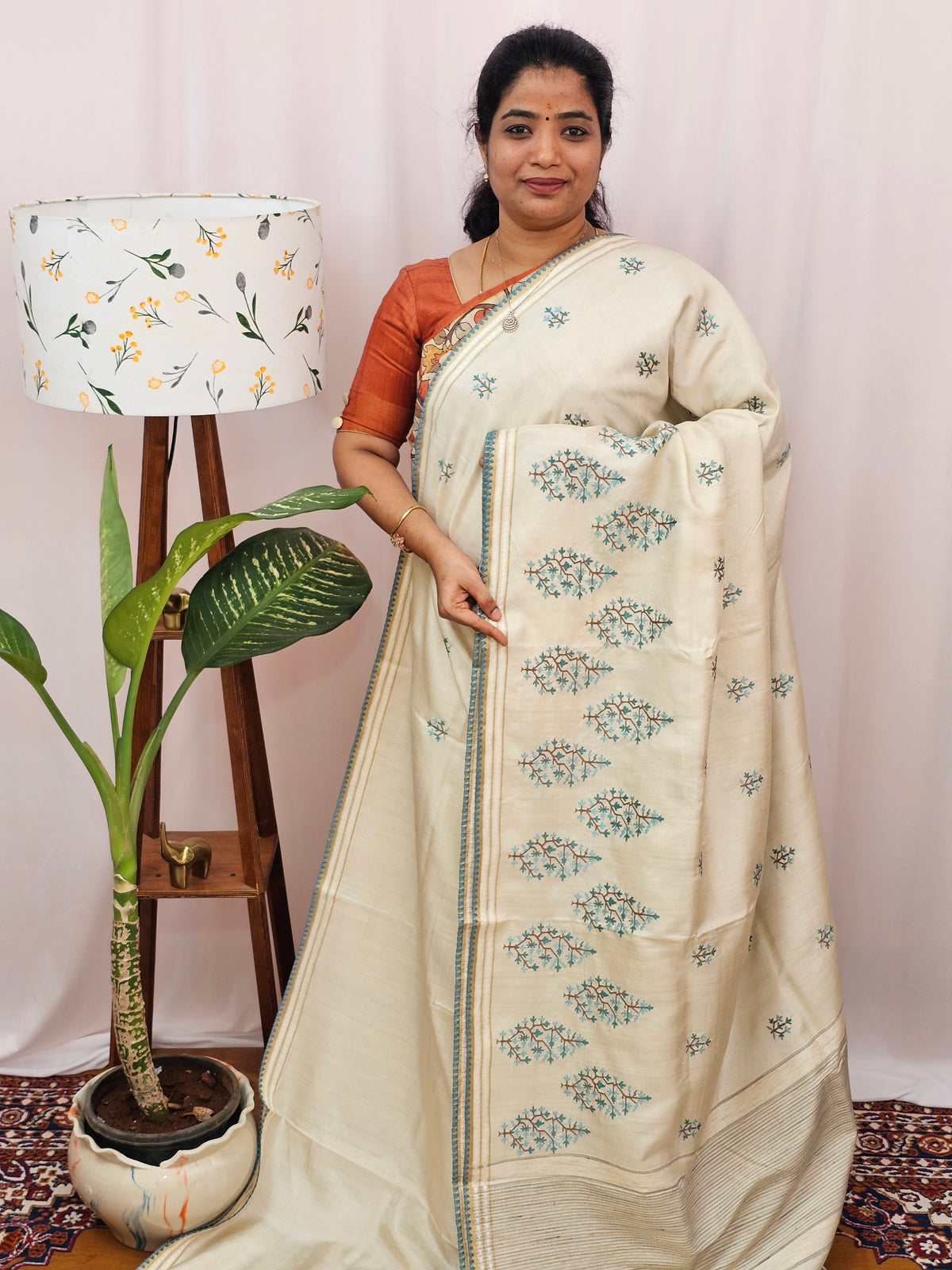 Chanderi Silk with Premium Saree - Cream with Blue