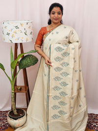 Chanderi Silk with Premium Saree - Cream with Blue