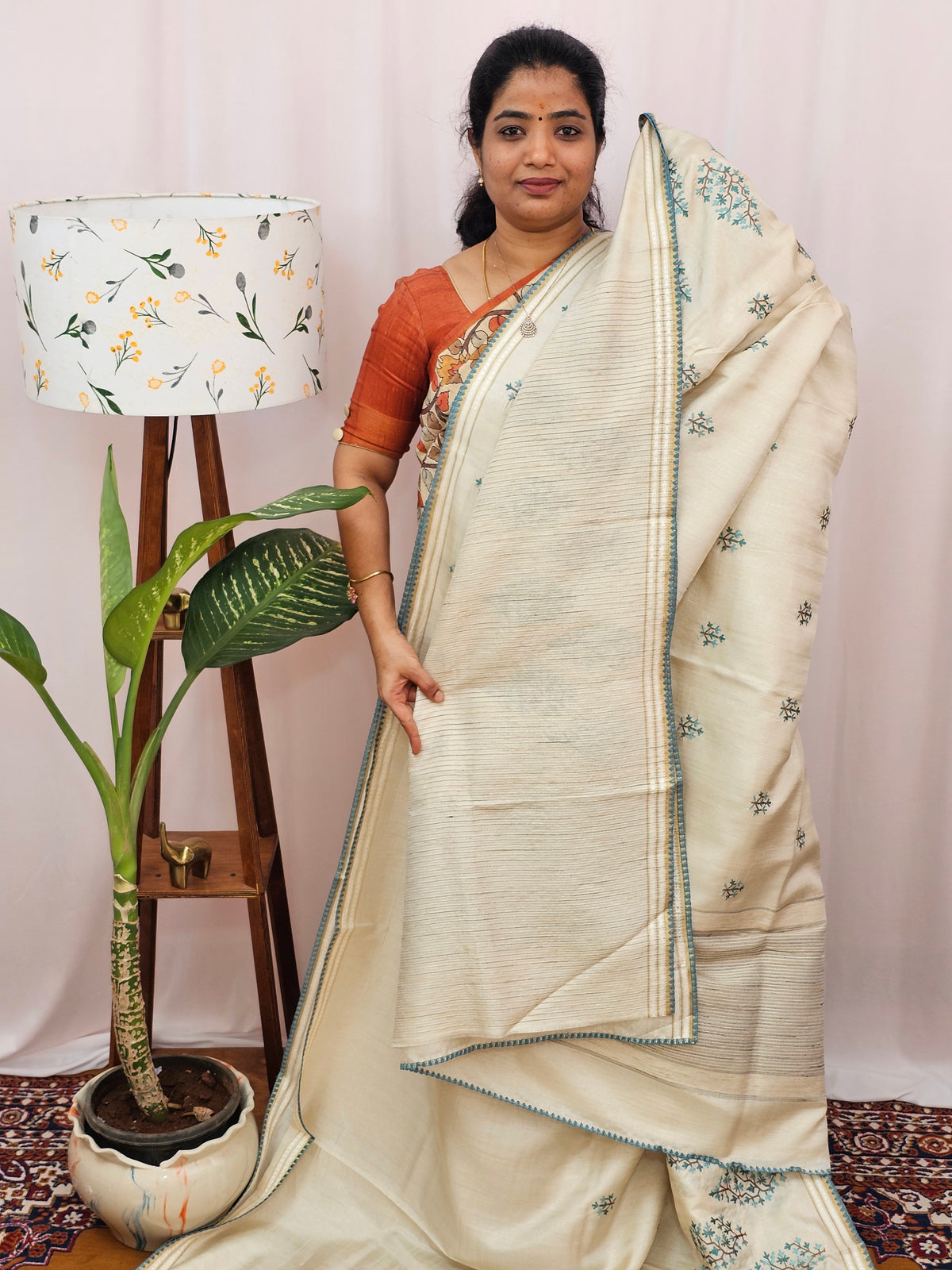 Chanderi Silk with Premium Saree - Cream with Blue