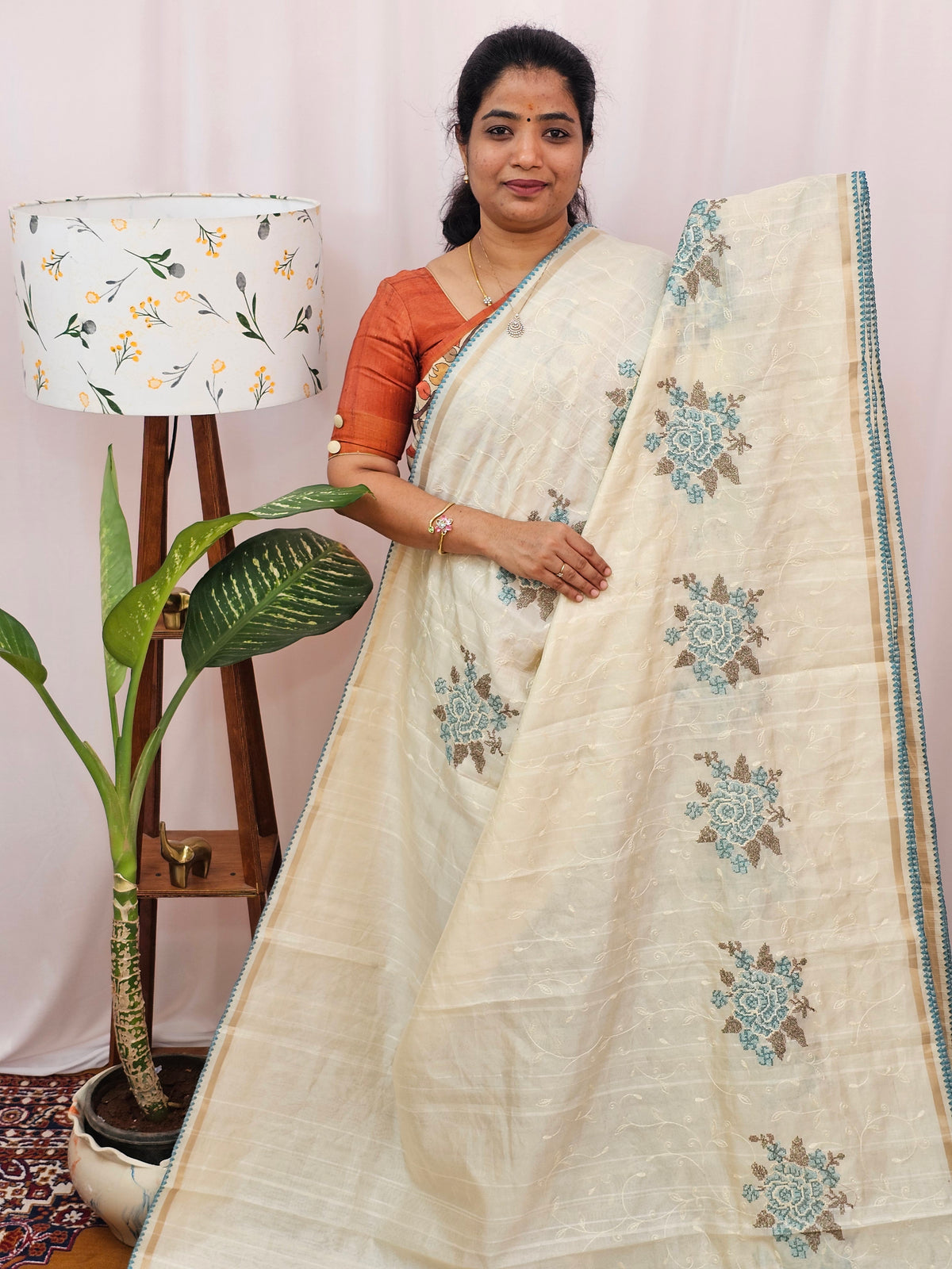 Chanderi Silk with Premium Emboridery Saree - Cream with  Blue