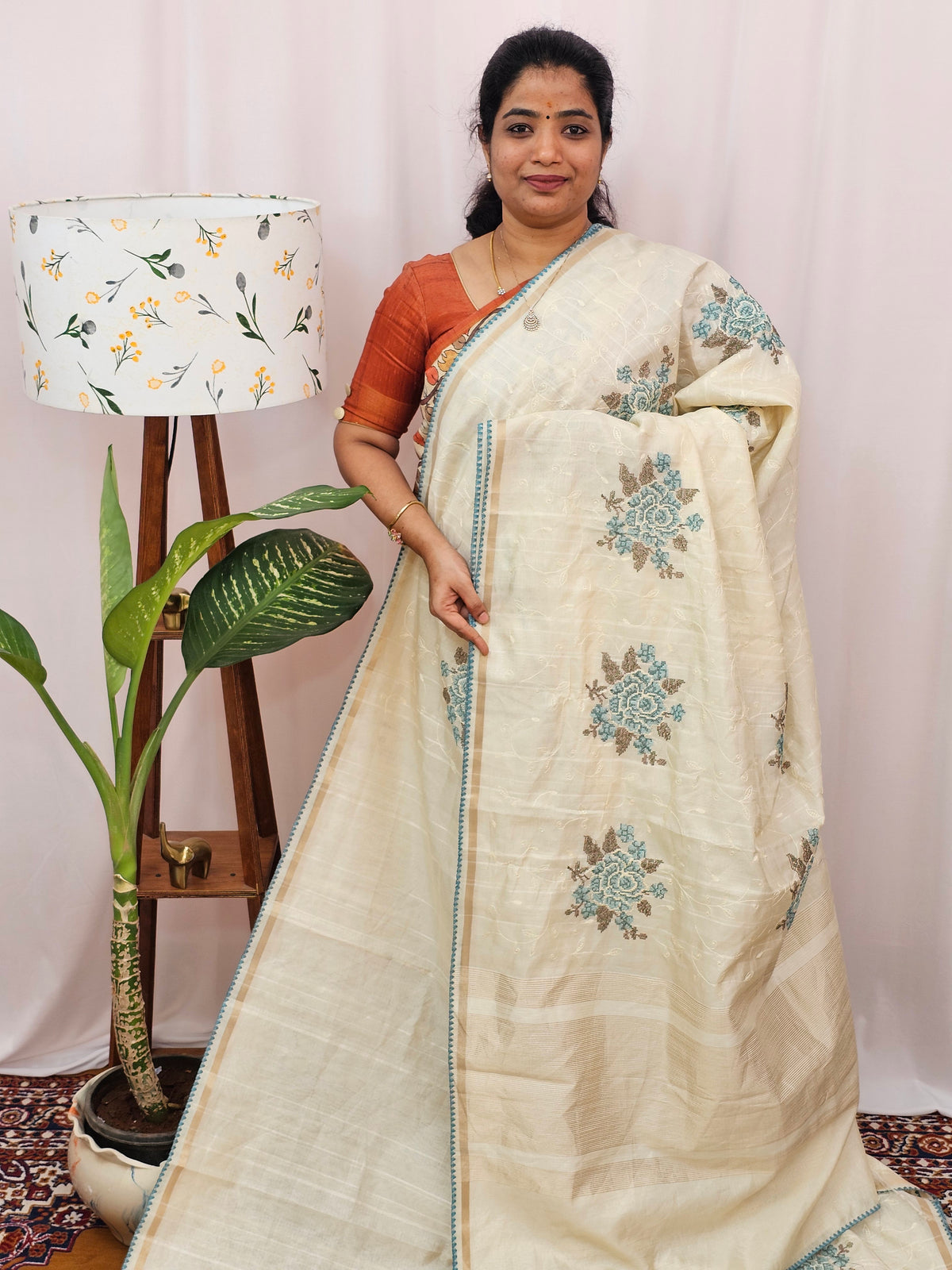 Chanderi Silk with Premium Emboridery Saree - Cream with  Blue