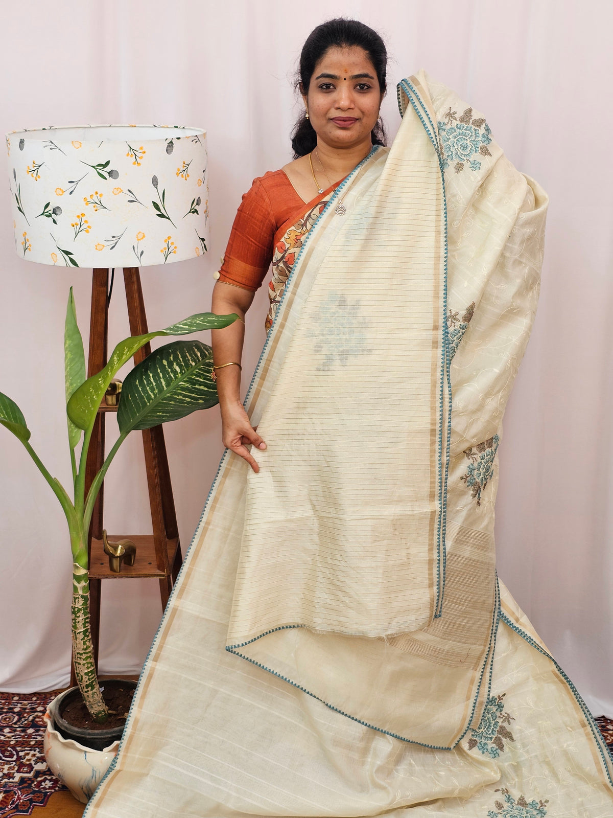 Chanderi Silk with Premium Emboridery Saree - Cream with  Blue