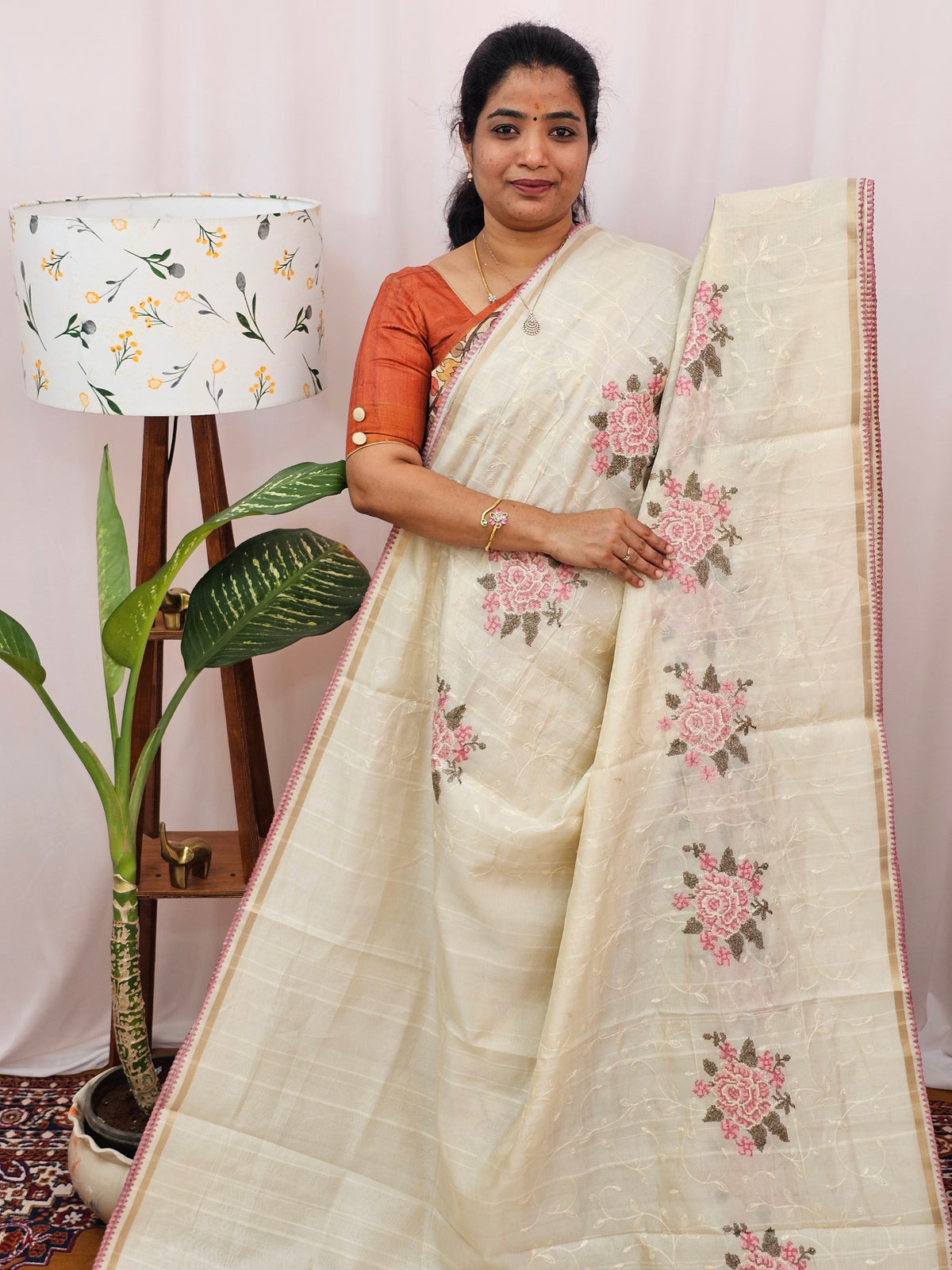 Chanderi Silk with Premium Emboridery Saree - Cream with Pink