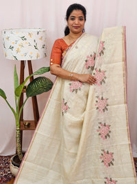 Chanderi Silk with Premium Emboridery Saree - Cream with Pink