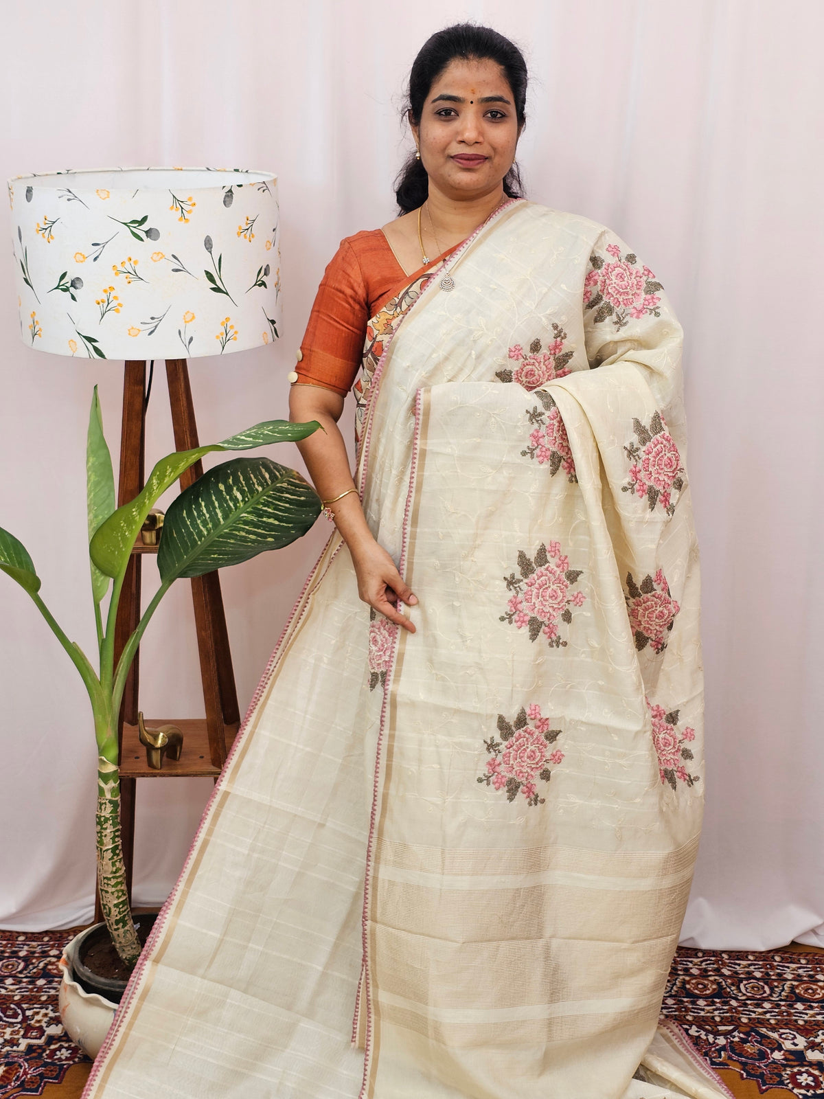 Chanderi Silk with Premium Emboridery Saree - Cream with Pink