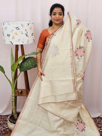 Chanderi Silk with Premium Emboridery Saree - Cream with Pink