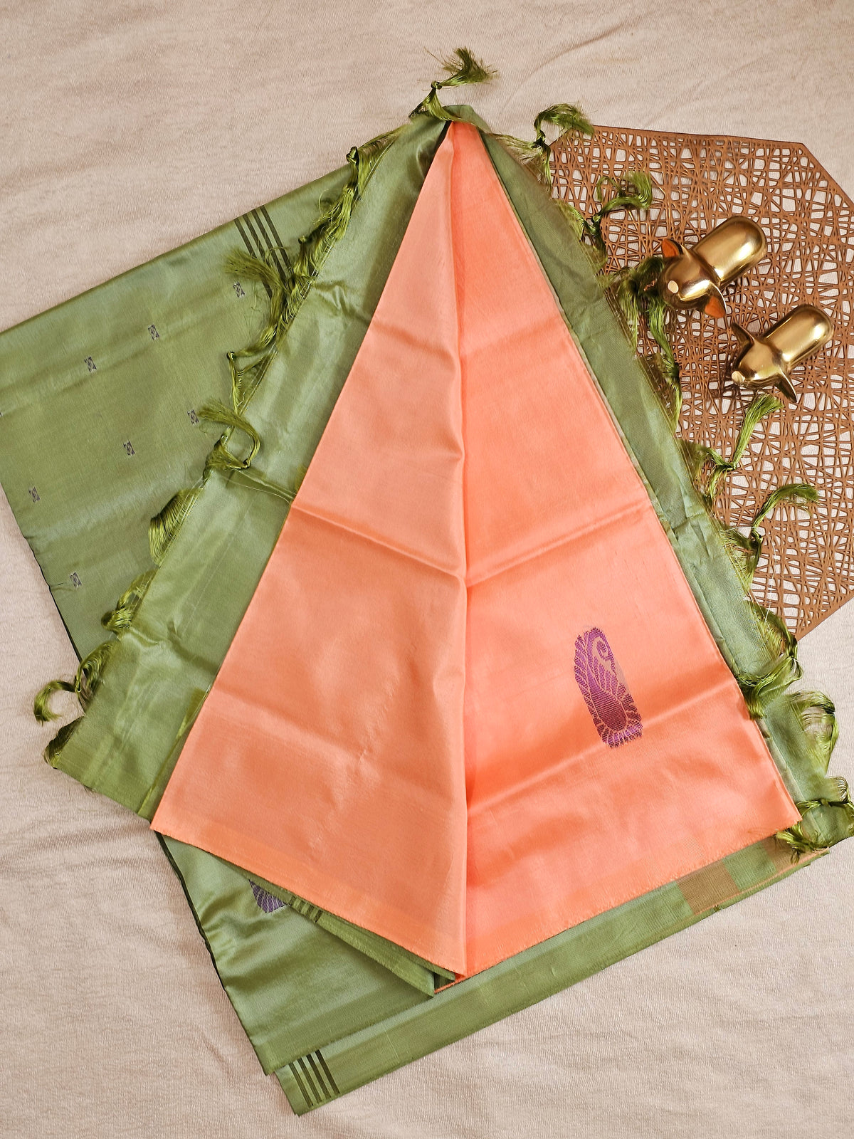 Peach with Green  Chinnalampattu Saree with Blouse