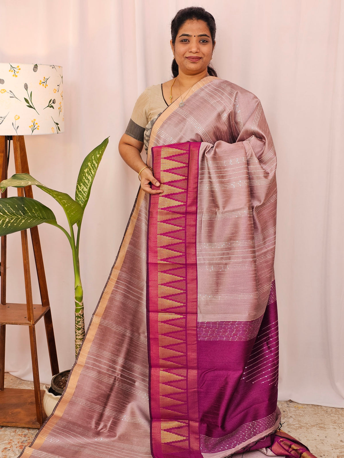 Semi Raw Silk Saree - Onion Pink with Magenta Pink
