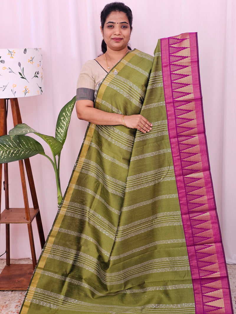 Semi Raw Silk Saree - Light Green with Magenta Pink
