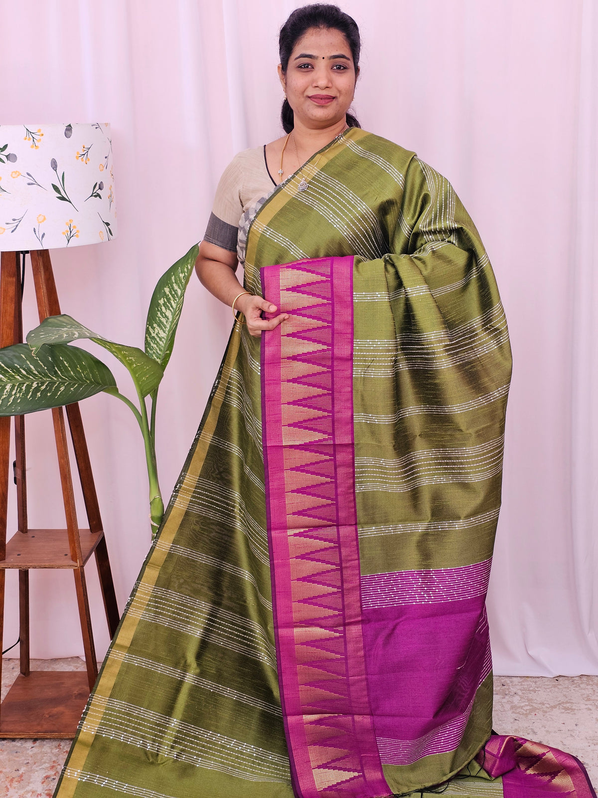 Semi Raw Silk Saree - Light Green with Magenta Pink