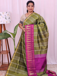 Semi Raw Silk Saree - Light Green with Magenta Pink