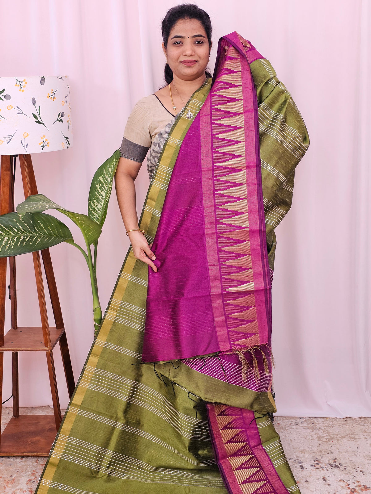 Semi Raw Silk Saree - Light Green with Magenta Pink