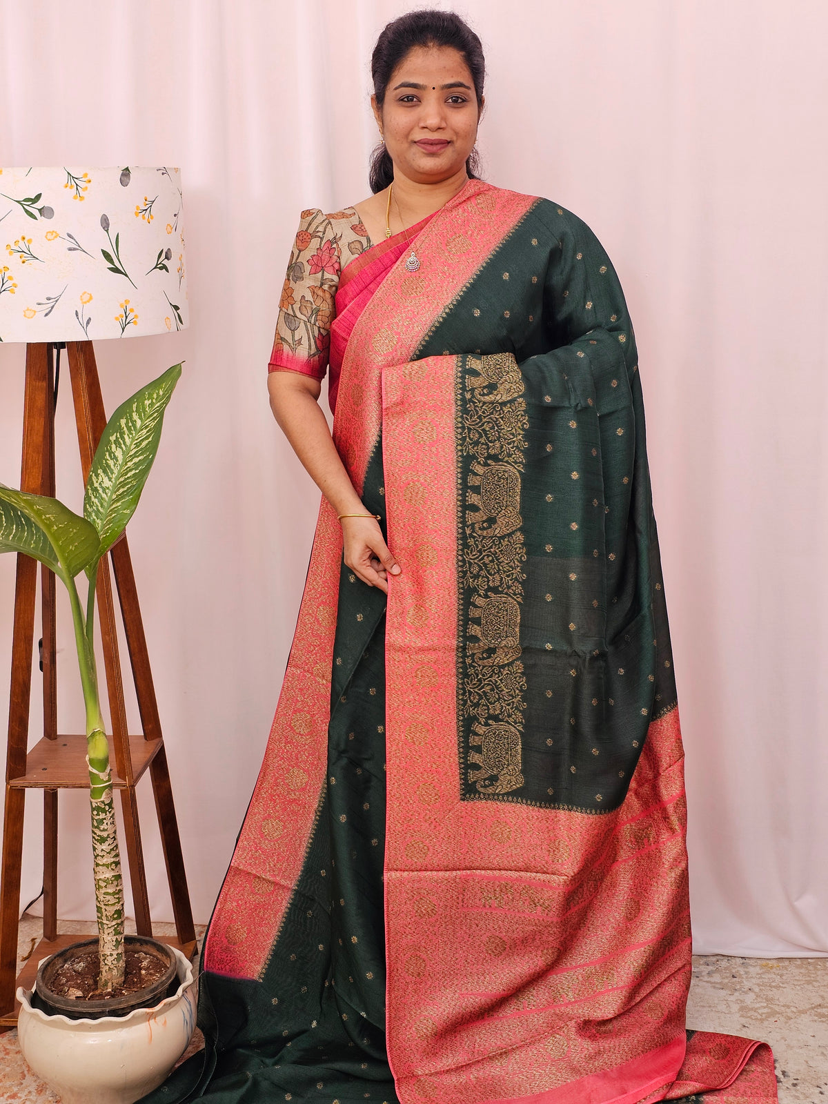 Jute Banarasi Silk Saree - Bottle  Green with Peach