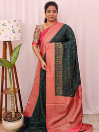 Jute Banarasi Silk Saree - Bottle  Green with Peach