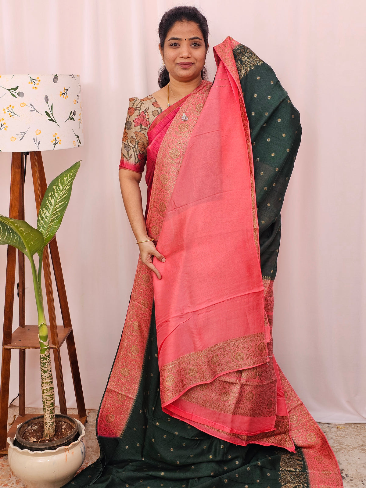 Jute Banarasi Silk Saree - Bottle  Green with Peach