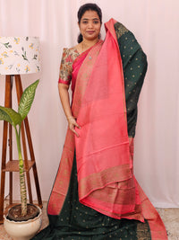 Jute Banarasi Silk Saree - Bottle  Green with Peach