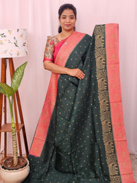 Jute Banarasi Silk Saree - Bottle  Green with Peach