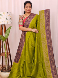 Jute Banarasi Silk Saree - Green with Purple