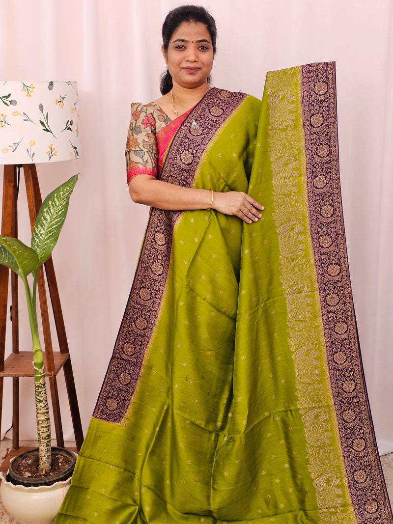 Jute Banarasi Silk Saree - Green with Purple