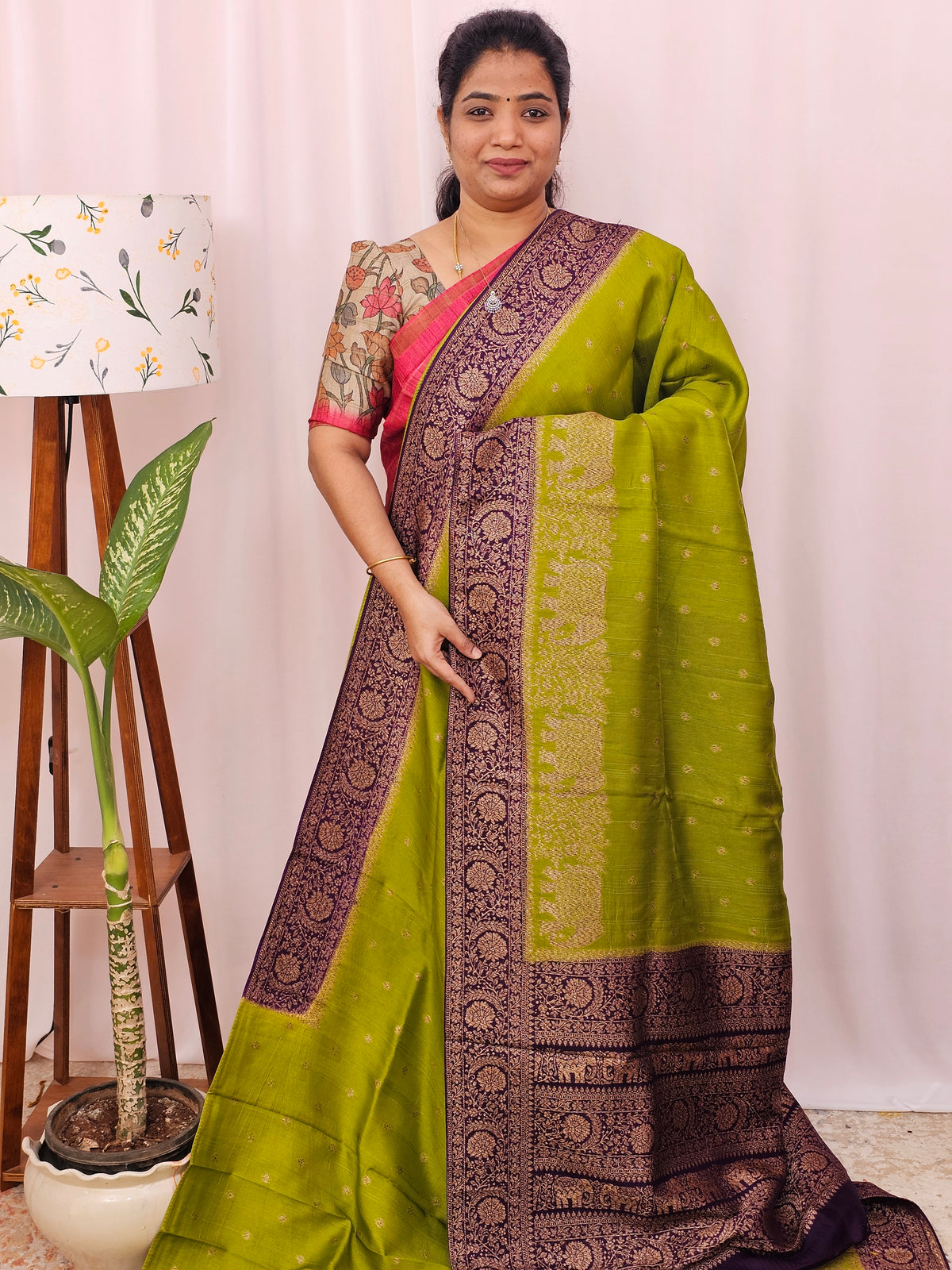 Jute Banarasi Silk Saree - Green with Purple
