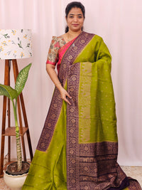 Jute Banarasi Silk Saree - Green with Purple