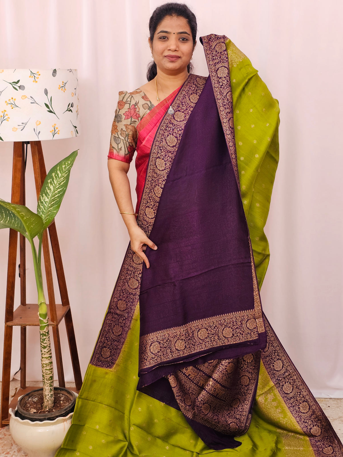 Jute Banarasi Silk Saree - Green with Purple