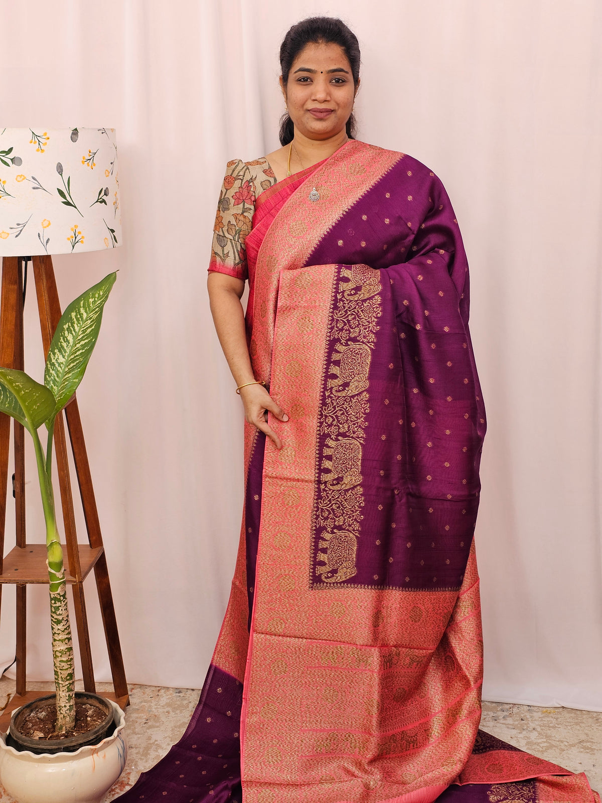 Jute Banarasi Silk Saree - Magenta Pink with Peach