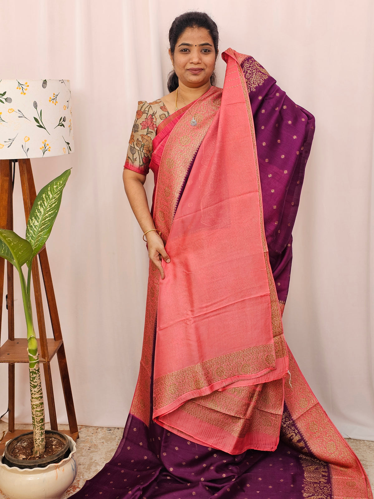 Jute Banarasi Silk Saree - Magenta Pink with Peach