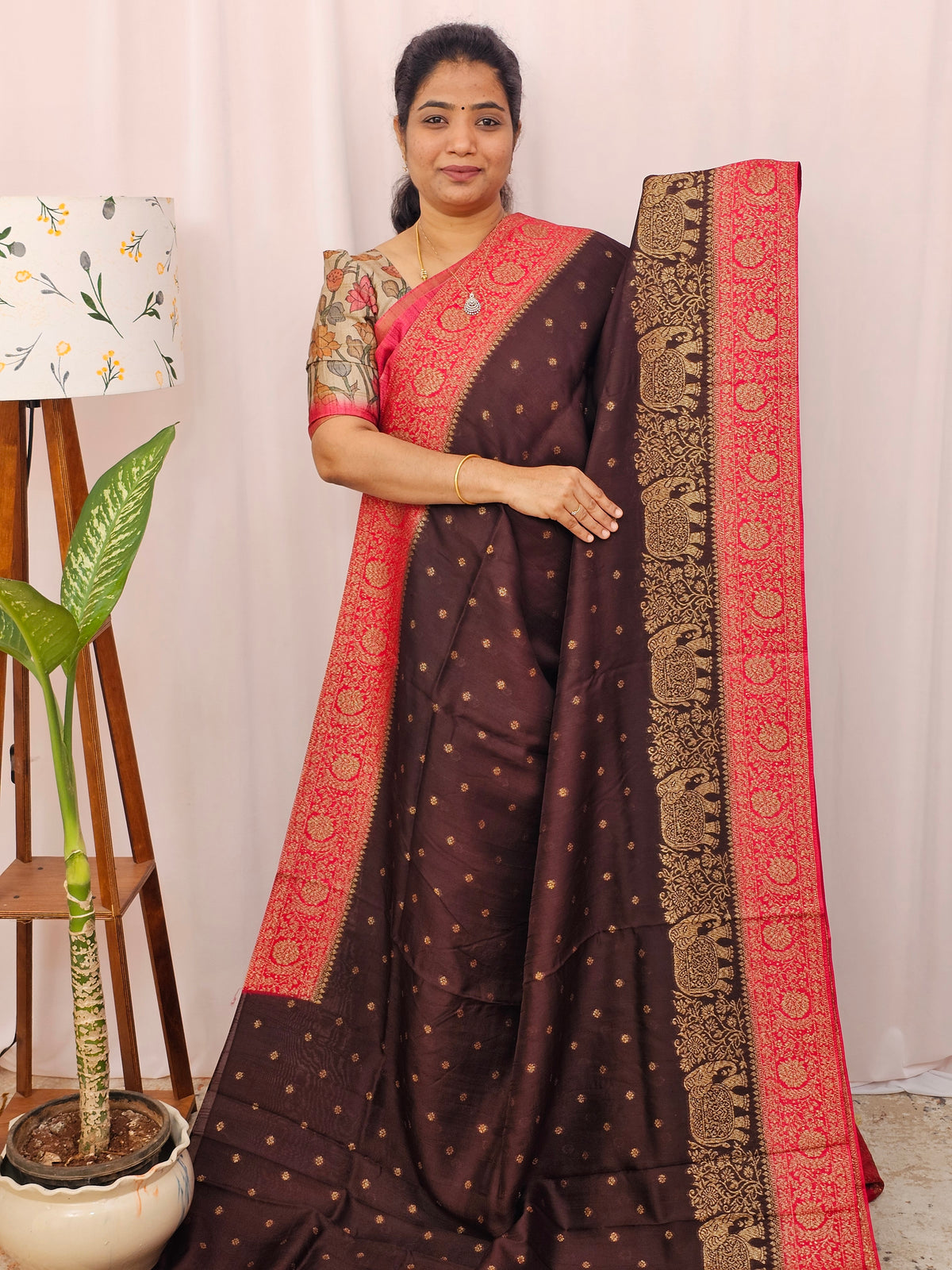 Jute Banarasi Silk Saree - Brown with Pink