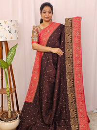 Jute Banarasi Silk Saree - Brown with Pink