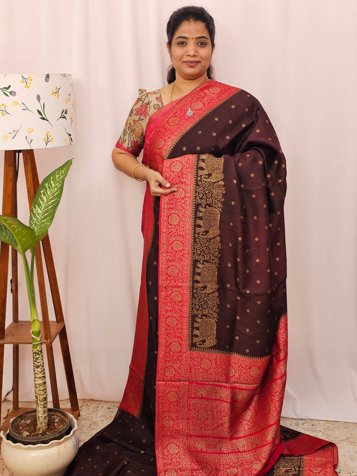 Jute Banarasi Silk Saree - Brown with Pink