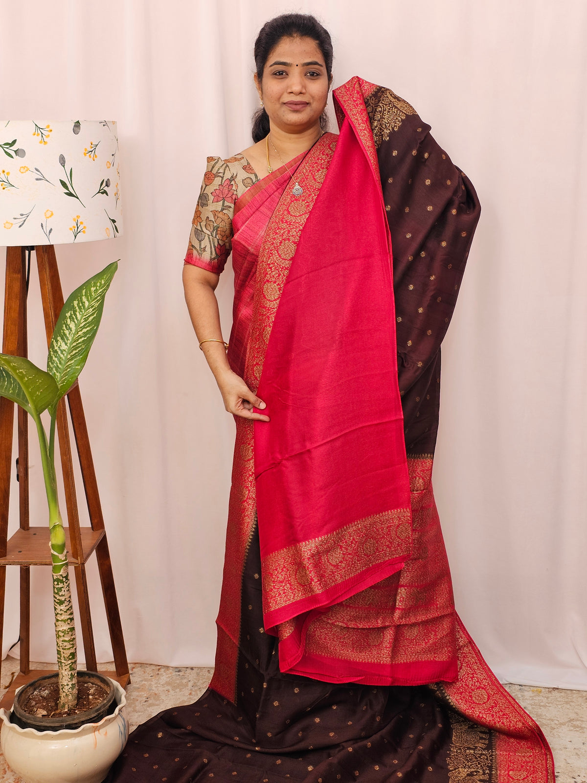 Jute Banarasi Silk Saree - Brown with Pink