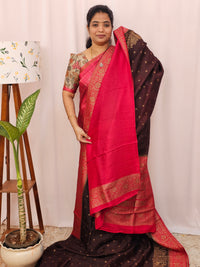 Jute Banarasi Silk Saree - Brown with Pink