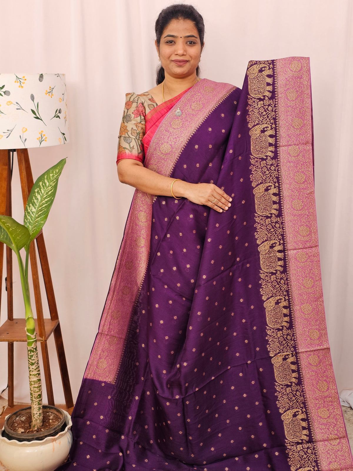 Jute Banarasi Silk Saree - Purple with Pink