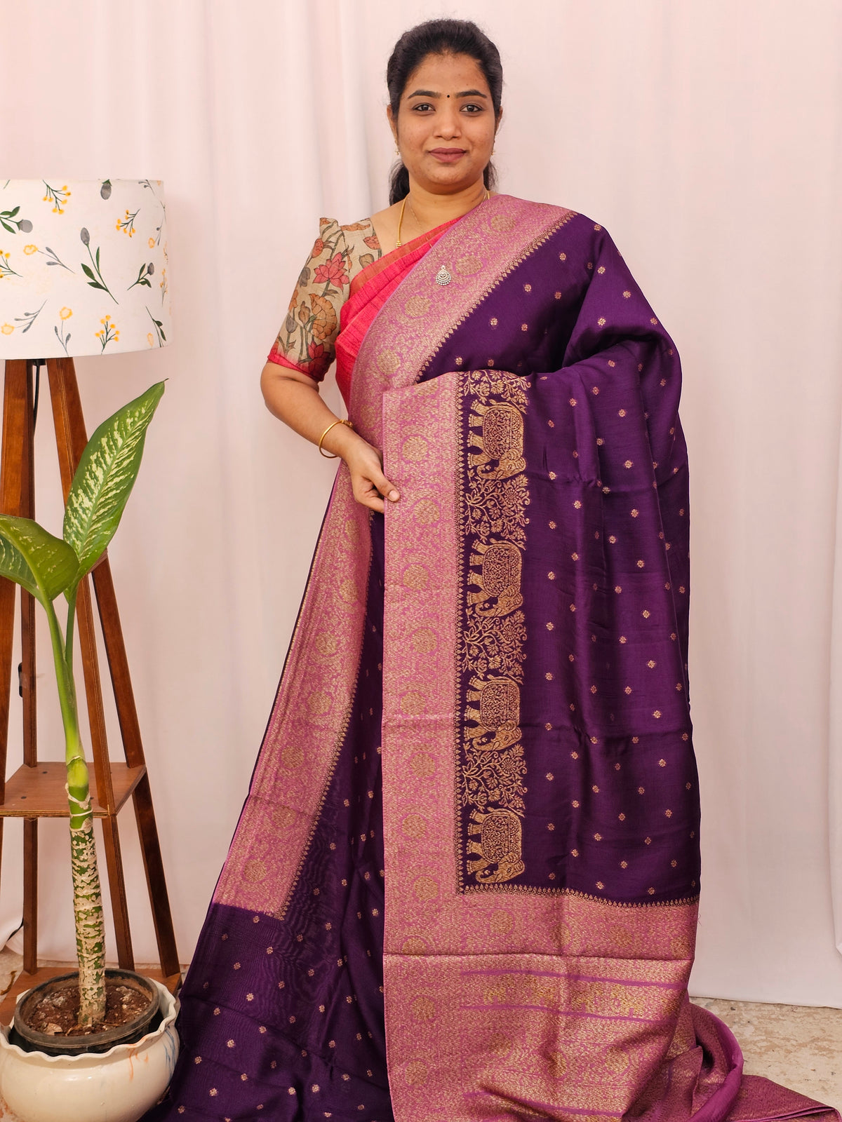 Jute Banarasi Silk Saree - Purple with Pink