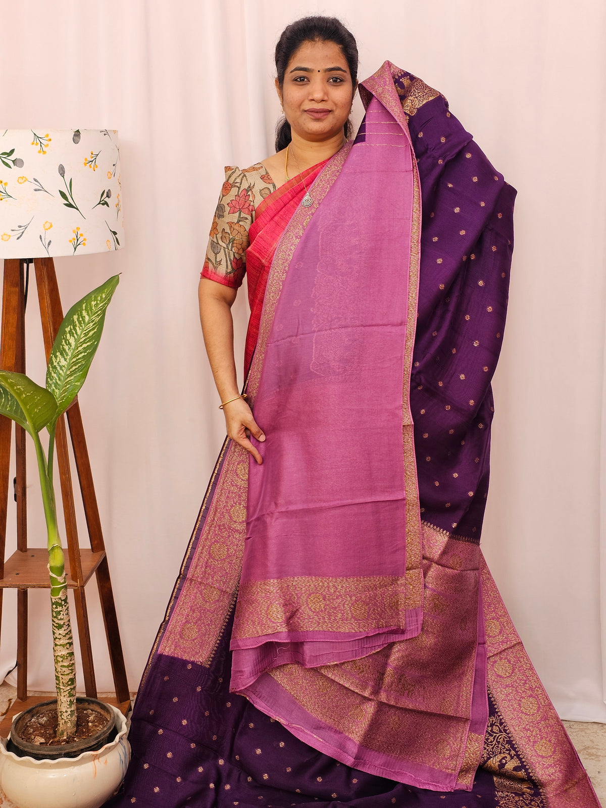 Jute Banarasi Silk Saree - Purple with Pink