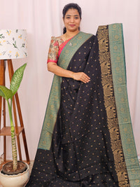 Jute Banarasi Silk Saree - Black with Sea Green