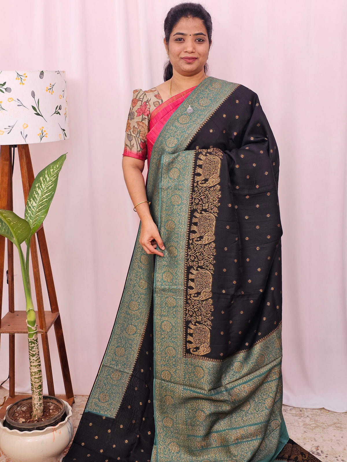 Jute Banarasi Silk Saree - Black with Sea Green