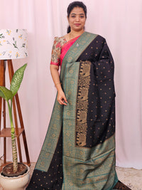 Jute Banarasi Silk Saree - Black with Sea Green