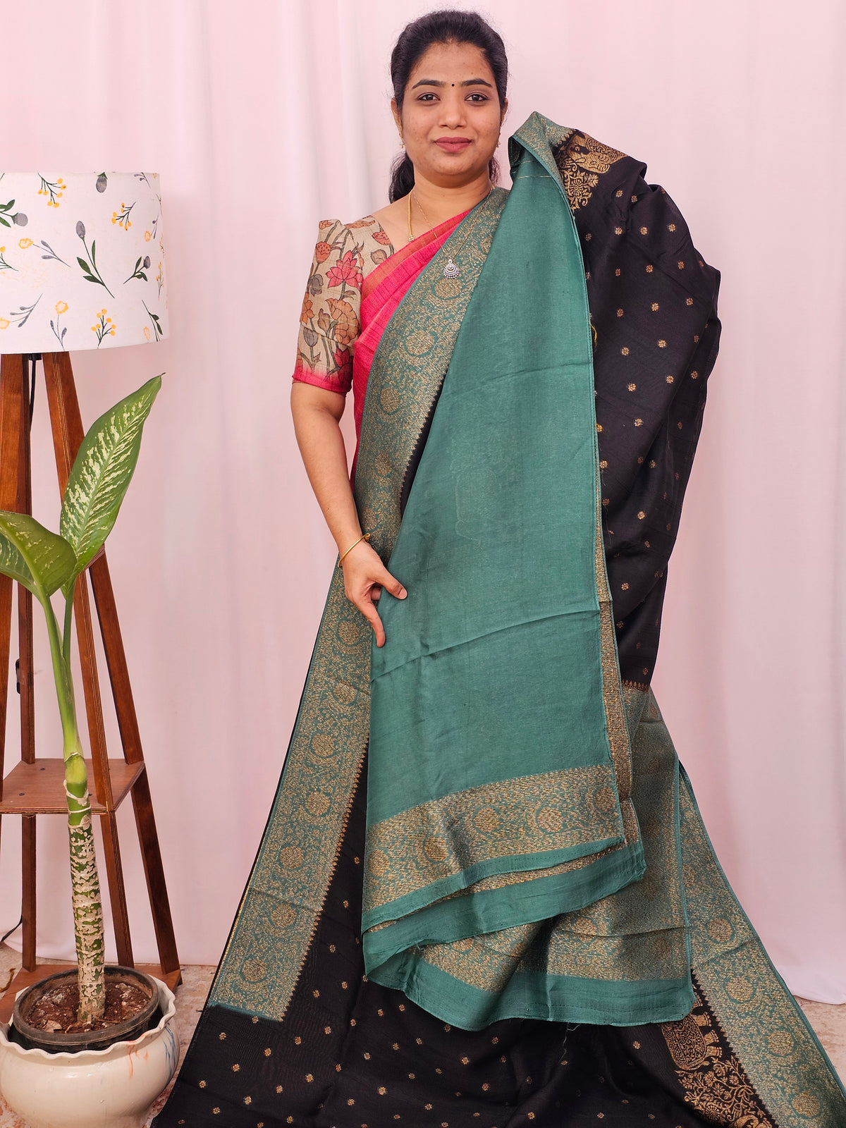 Jute Banarasi Silk Saree - Black with Sea Green