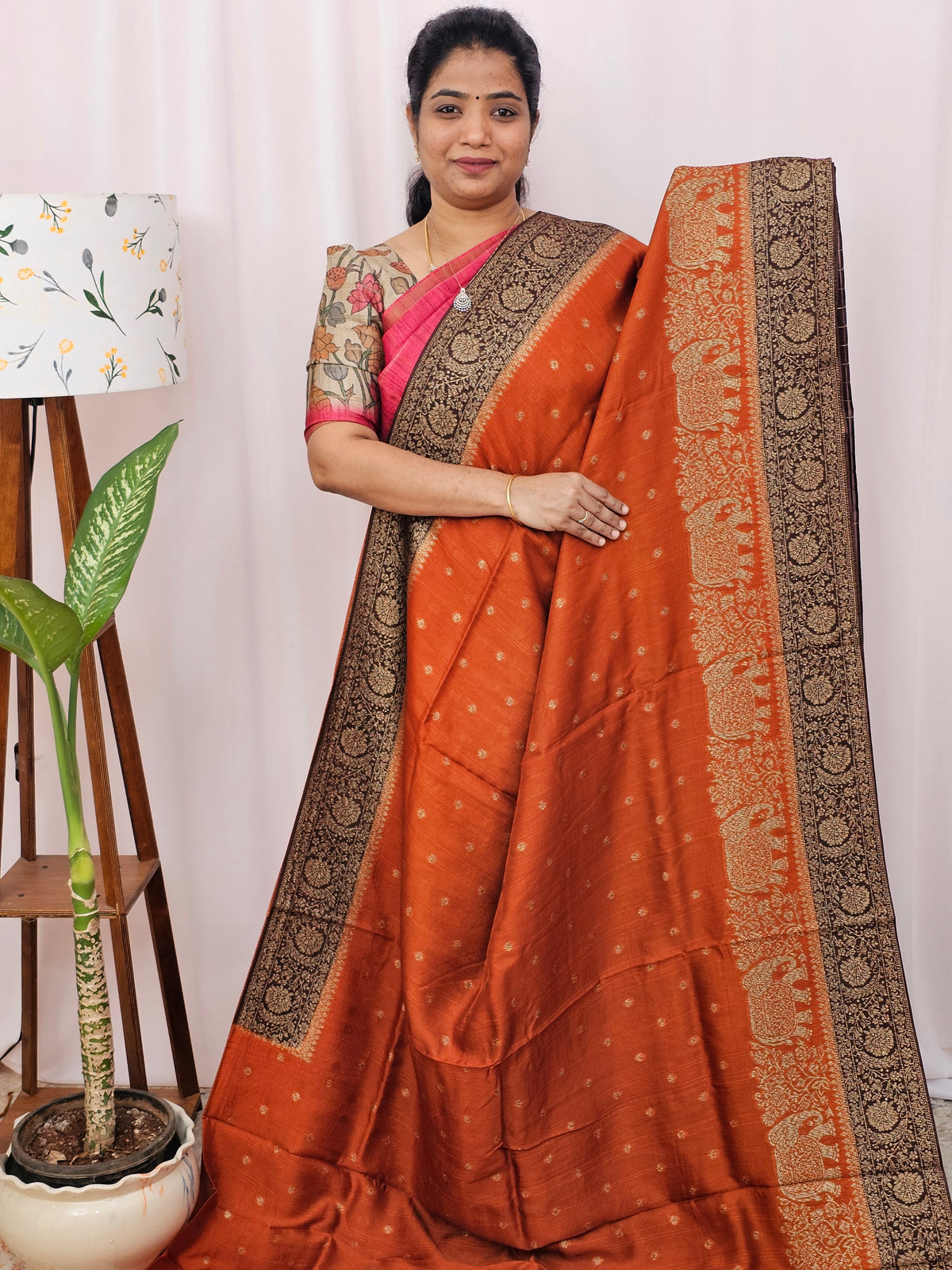 Jute Banarasi Silk Saree - Rust Orange with Brown